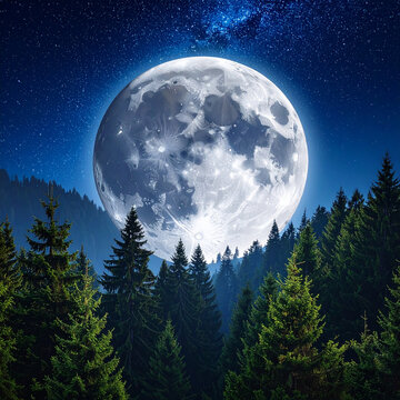 Full moon shining brightly over a dark pine forest at night