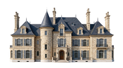 Fototapeta premium Chateau mansion isolated on white background, suburban home building architecture exterior for residential real estate property and luxury houses