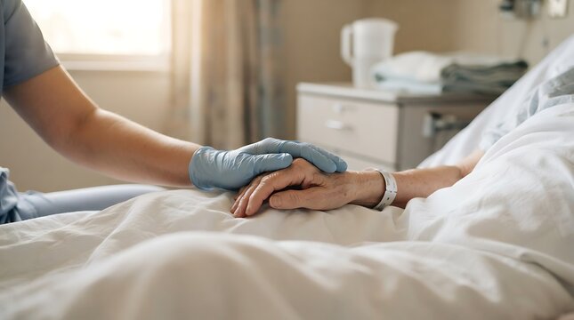 Healthcare professional in blue gloves holding an elderly patient hand in a hospital bed providing comfort and safety during medical treatment, high resolution cinematic wide shot