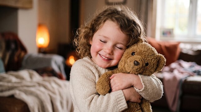 Joyful young child with curly hair hugging a teddy bear tightly indoors
