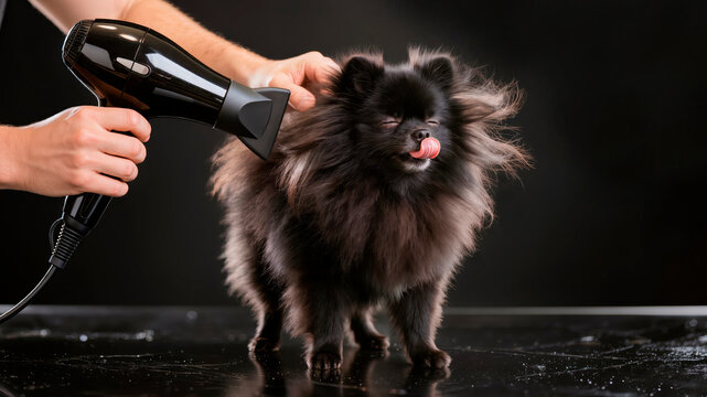 A cute black Pomeranian, with his eyes closed in relaxation, at a beauty salon