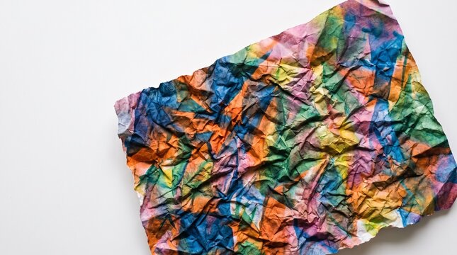Crumpled, colorful paper with vibrant paint splatters on a white background.