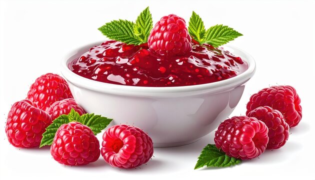 Bowl filled with raspberry jam, isolated on white background