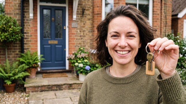 Happy Woman Holding Keys in Front of New House