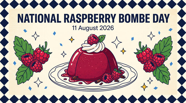 National raspberry bombe day illustration featuring delicious frozen dessert with cream garnish berries leaves confetti and diamonds pattern border celebrate sweet food holiday.
