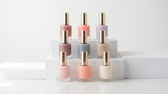 Selection of nail polish bottles in muted tones with gold caps arranged neatly on white steps for professional cosmetic product photography nailpolish cosmetics