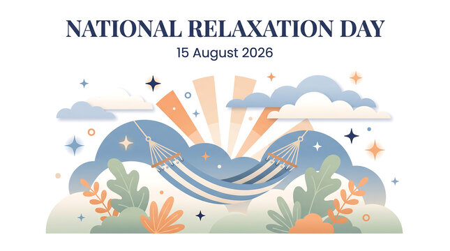 National relaxation day greeting design with hammock and clouds relaxation national mountains tranquility vacation serenity wellness lifestyle celebration
