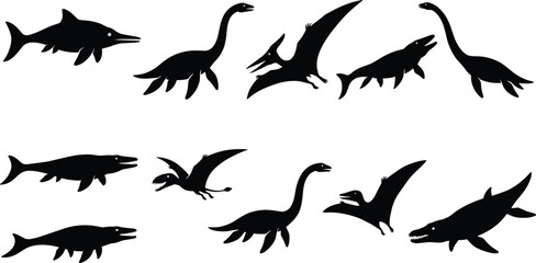 Prehistoric Marine and Flying Reptile Silhouette Vector Set Featuring Ichthyosaurs Plesiosaurs Mosasaurs and Pterosaurs Illustrations © Sohel