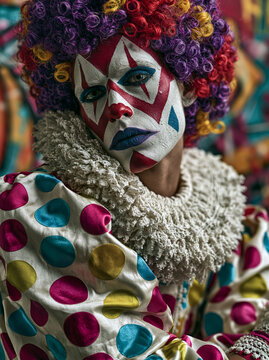 A vibrant, detailed medium shot portrait of a clown with intricate face paint, a colorful curly wig, and a decorative frilled collar against a textured background.