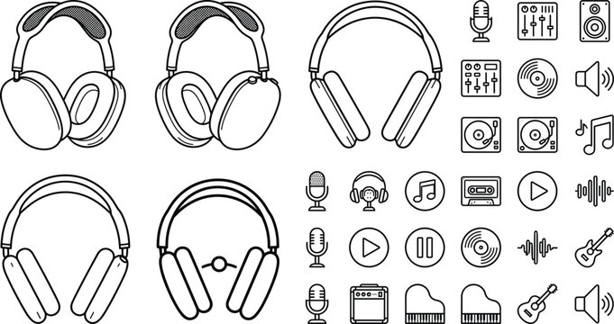 Audio music production outline icon set featuring overhead headphones microphones turntable vinyl records mixers and musical instruments