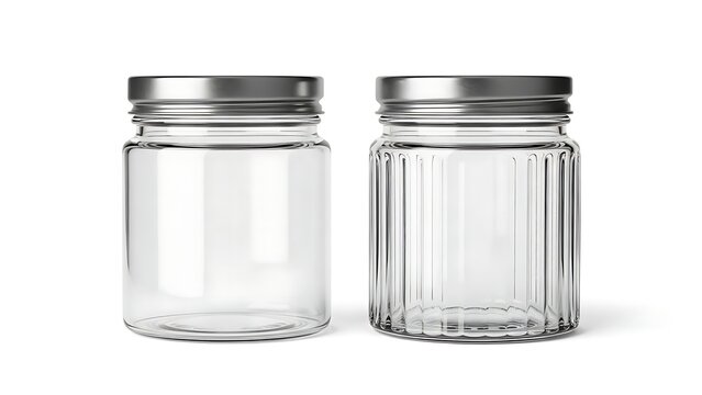 Two empty glass jars with silver lids on a white background