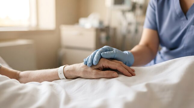 Healthcare professional in surgical gloves holding a patient hand to provide comfort and empathy during World Patient Safety Day in a bright hospital room setting cinematic photography