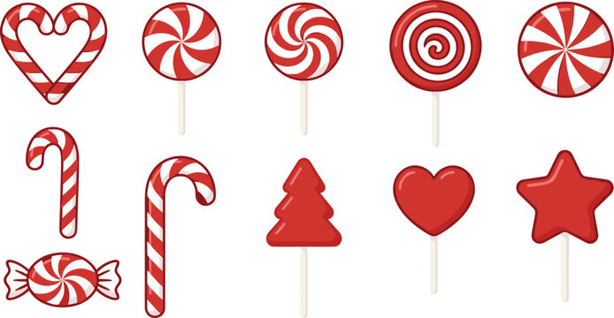 Christmas Candy and Lollipop Collection with Candy Canes Peppermint and Sweet Treats Vector Set