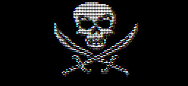 ASCII art Jolly Roger pirate skull and crossbones made of code characters on black background
