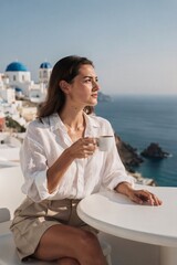 Obraz premium Elegant Woman in White Linen Shirt Drinking Espresso in Santorini