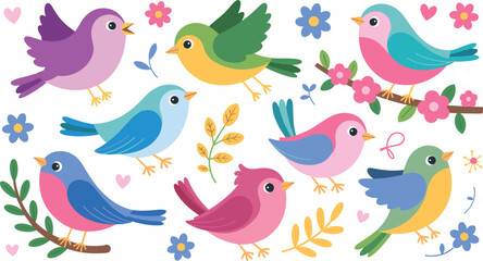 Obraz premium Cute Colorful Spring Birds Vector Illustration Set with Flowers and Tree Branches for Greeting Cards and Kids Pattern Graphic Designs