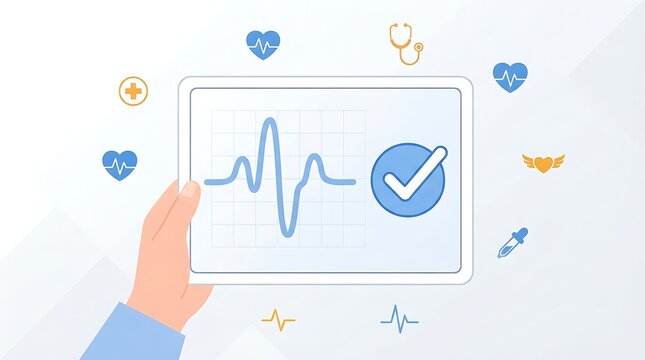 Hand holding a digital tablet displaying a heartbeat waveform and a blue checkmark symbol surrounded by medical icons representing World Patient Safety Day and healthcare excellence in flat style
