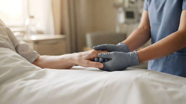 Compassionate healthcare professional in medical gloves holding hands with an elderly patient in a hospital bed for World Patient Safety Day campaign landscape banner