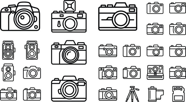 Camera gear outline icon set featuring vintage models dslr bodies tripod film roll memory card and photography equipment