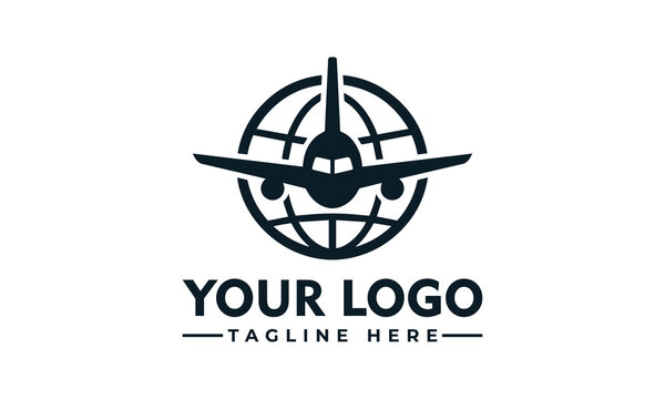 Universal Aviation Concept Logo Design Featuring an Airplane Flying Over a Global Map Silhouette for International Travel and Logistics Industry Branding