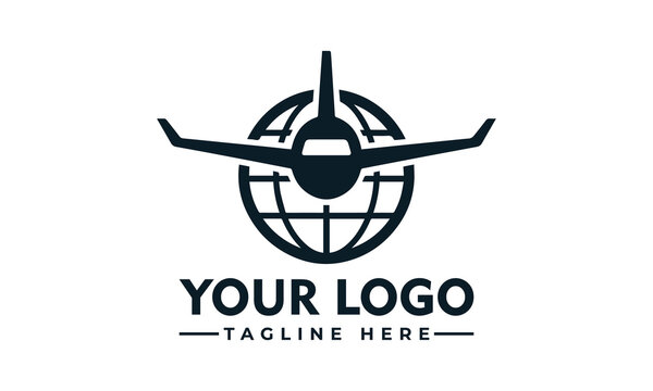 Universal aviation logistics logo featuring a plane silhouette and globe grid for international travel business eps vector graphic design