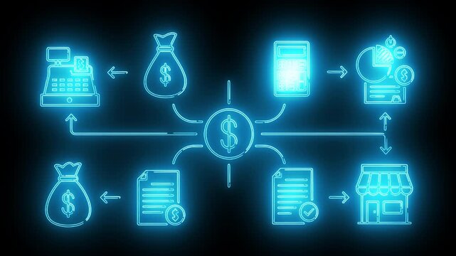Multi Channel Financial Transaction Management Workflow Neon Icon