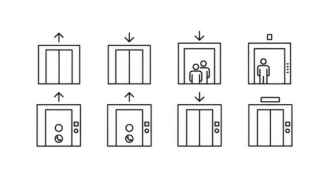 Set of minimalist elevator line icons showing various states like up, down, open doors, and people inside for building navigation.