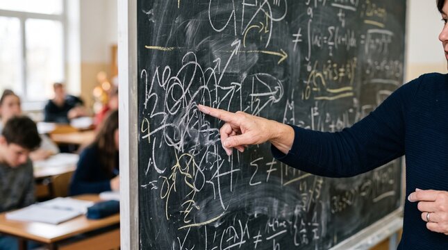 Classroom Mathematics: A teacher points to a complex mathematical equation on a chalkboard, guiding students through a lesson in abstract thinking and problem-solving.