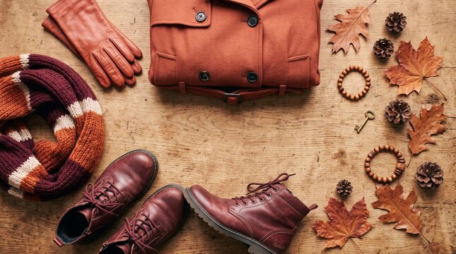 Autumn Fashion Essentials: A stylish flat lay arrangement featuring warm-toned autumn apparel and accessories, including a leather coat, scarf, gloves, boots, pinecones, and fallen leaves.