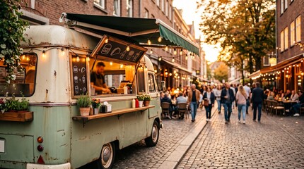 Fototapeta premium Street Food Paradise: A vintage food truck serves delicious treats on a bustling city street lined with outdoor dining and glowing string lights, illuminated by the golden hour sun.