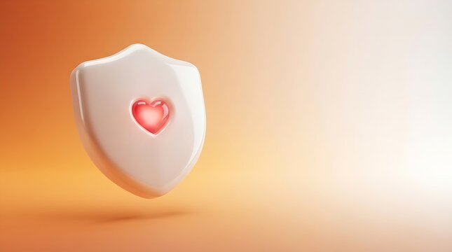 White glossy shield with a glowing red heart symbol representing medical protection and patient safety on a warm orange gradient background, 3D digital illustration concept for healthcare banner.