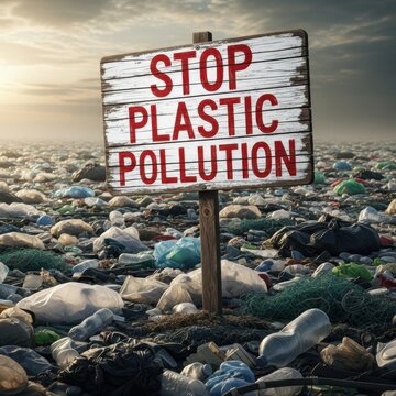 Stop Plastic Pollution Awareness Sign In Vast Landfill Crisis