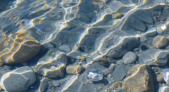 Clear water surface over smooth river stones.