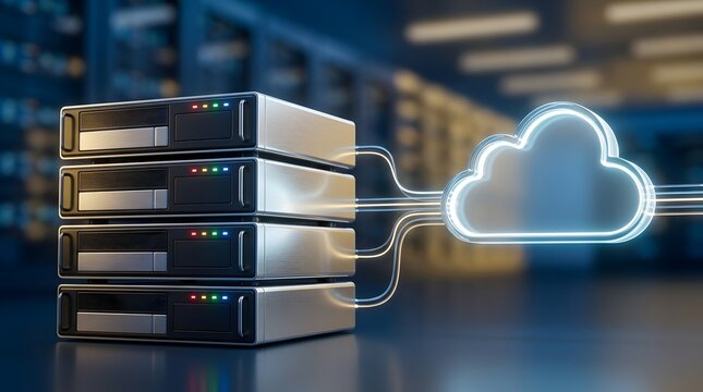 Advanced cloud computing technology concept with glowing digital cloud icon over data center server racks for secure enterprise storage infrastructure and modern information management