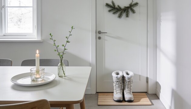Cozy Winter Welcome: A candle flickers beside a simple vase of greenery on a dining table, while a pair of warm winter boots rests by a decorated door, exuding a sense of cozy tranquility.
