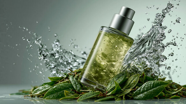 Premium commercial product shot of a sleek transparent glass perfume spray bottle with liquid green tea essence, emerging from a bed of fresh leaves and a crisp water splash