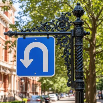 Street Sign Indicating A Sharp Turn Ahead On A Historic Urban Roadway