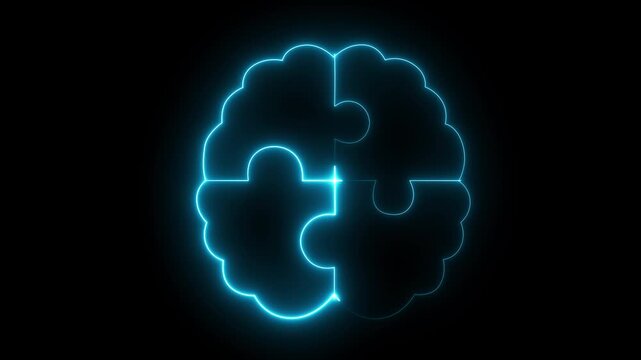 Glowing neon brain puzzle icon isolated representing problem solving and cognitive function. Brain with Puzzle Pieces Icon for Cognitive Thinking, Mind Development, Intelligence..