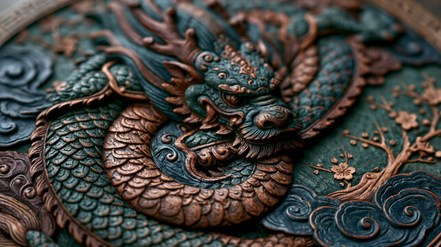 A detailed photograph of an intricately carved circular wooden panel featuring a traditional Chinese-style dragon with detailed teal, copper, and bronze scales, clouds, and cherry blossoms.