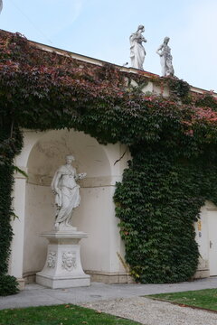 Scenic park landscape photo of an old classical stone statue inside a white niche on a building wall covered with thick green ivy inside a landmark Vienna garden.