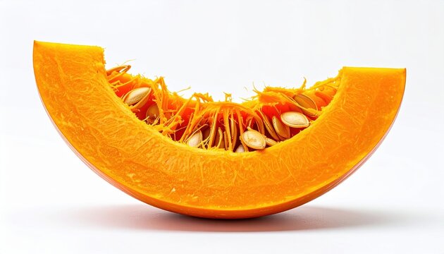 Single fresh orange pumpkin slice with seeds, isolated on white background