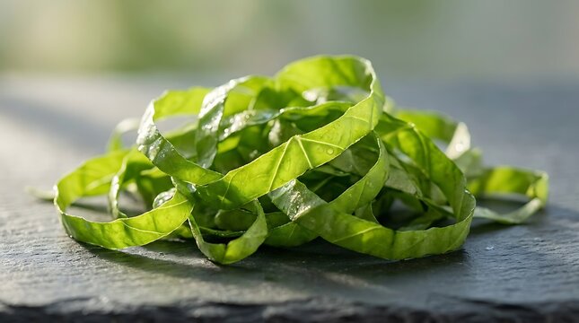 A close-up shot of fresh green basil leaves prepared as a chiffonade on a dark slate background for gourmet cooking