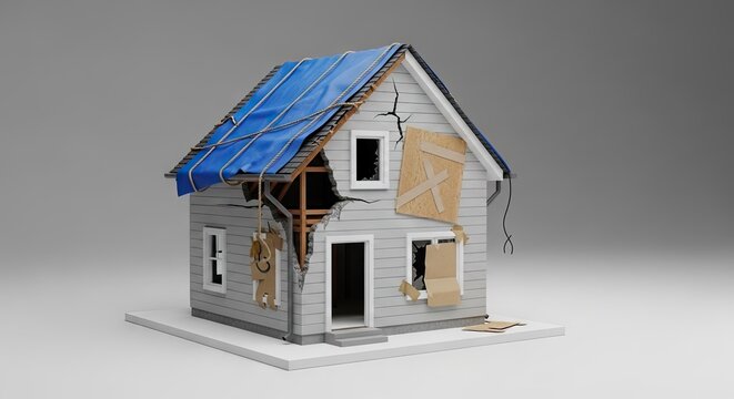 Damaged model home with blue tarp roof cover.