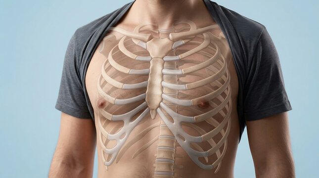 Ribcage illustration overlays the chest of a man to demonstrate human anatomy with medical accuracy in this studio shot.