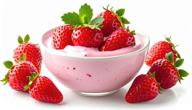 Bowl of creamy strawberry yogurt topped with fresh strawberries, isolated on white background