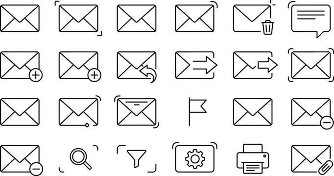 Email interface thin line vector icons set featuring envelope mail inbox trash flag printer attachment and message symbols