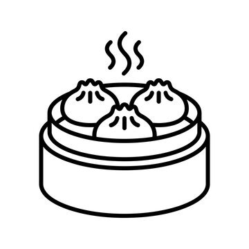 Asian dim sum dumplings in traditional bamboo steamer basket icon set.