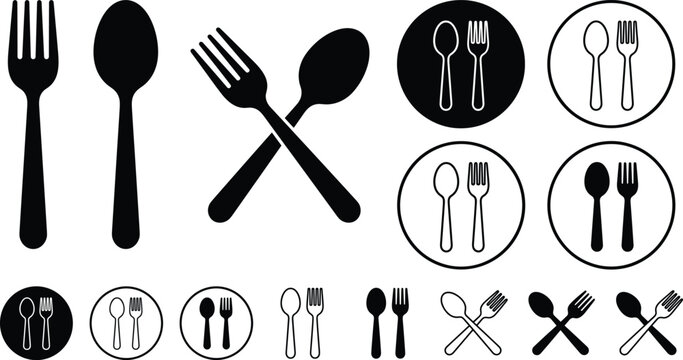 Fork and spoon cutlery restaurant dining vector icons set featuring crossed silverware solid line outline and circular formatting