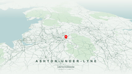 Minimalist vector map of Ashton-under-Lyne, Greater Manchester, England. High-quality scalable illustration of Ashton-under-Lyne geographic boundaries along River Tame contours for posters design. © AliRza
