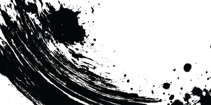 Abstract grunge black ink paint splatter background with rough brush stroke texture. artistic splashes dark vintage border background design.